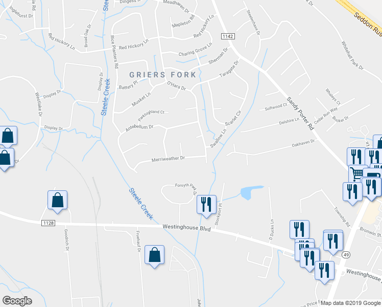 map of restaurants, bars, coffee shops, grocery stores, and more near 2734 Julep Lane in Charlotte