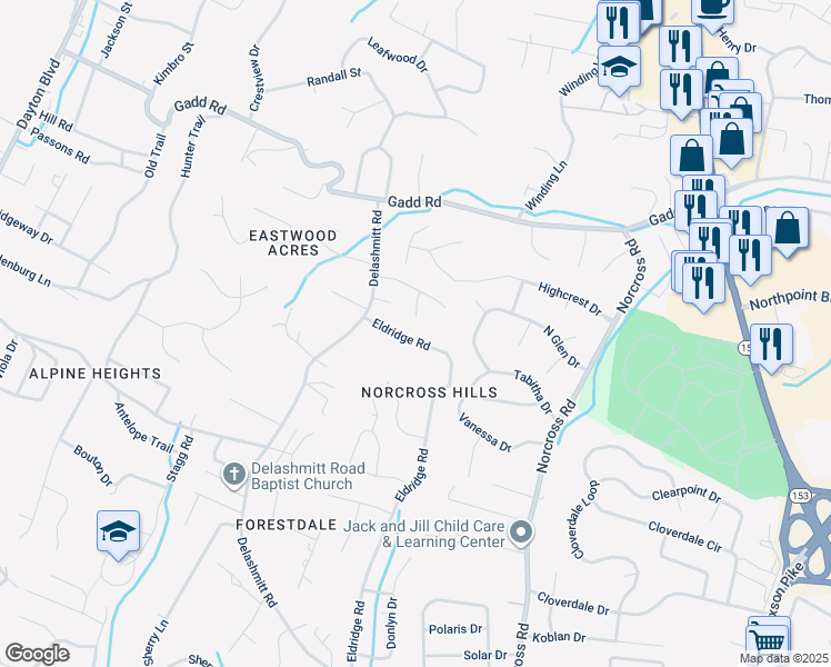 map of restaurants, bars, coffee shops, grocery stores, and more near 5108 Eldridge Road in Chattanooga