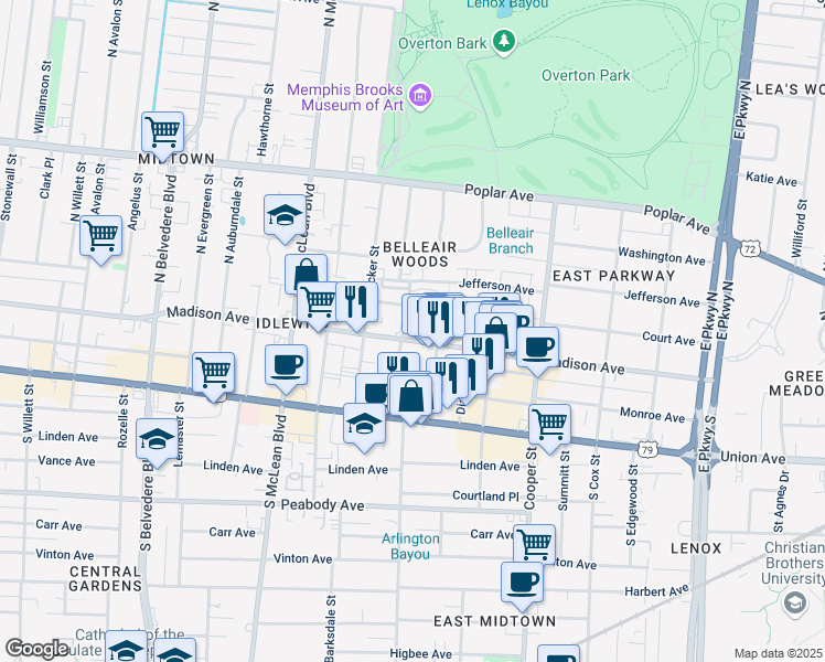 map of restaurants, bars, coffee shops, grocery stores, and more near 1970 Madison Avenue in Memphis