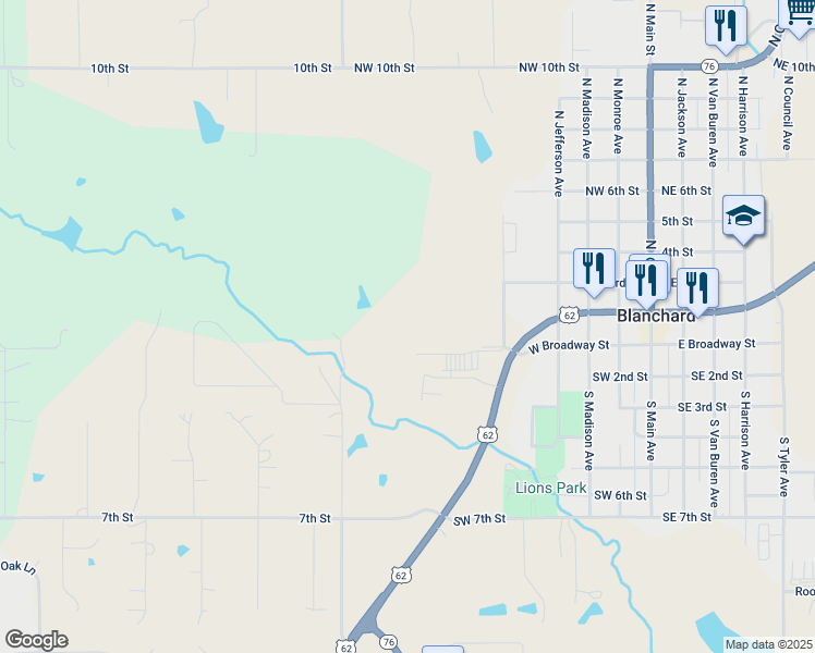 map of restaurants, bars, coffee shops, grocery stores, and more near 3603 North Council Avenue in Blanchard