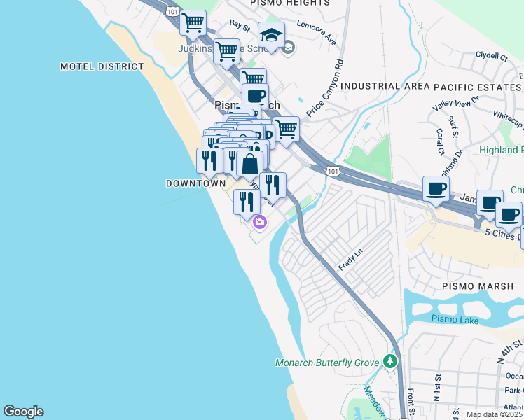 map of restaurants, bars, coffee shops, grocery stores, and more near 172 Ocean View Avenue in Pismo Beach