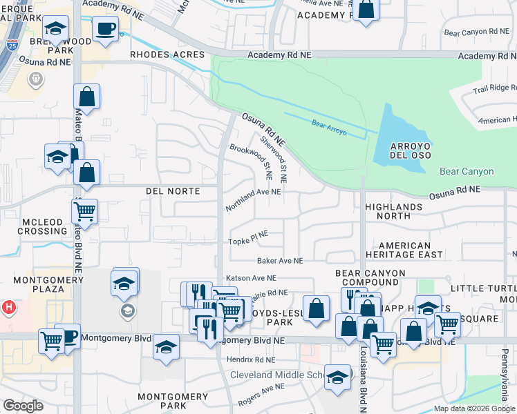 map of restaurants, bars, coffee shops, grocery stores, and more near 4514 Downey Street Northeast in Albuquerque