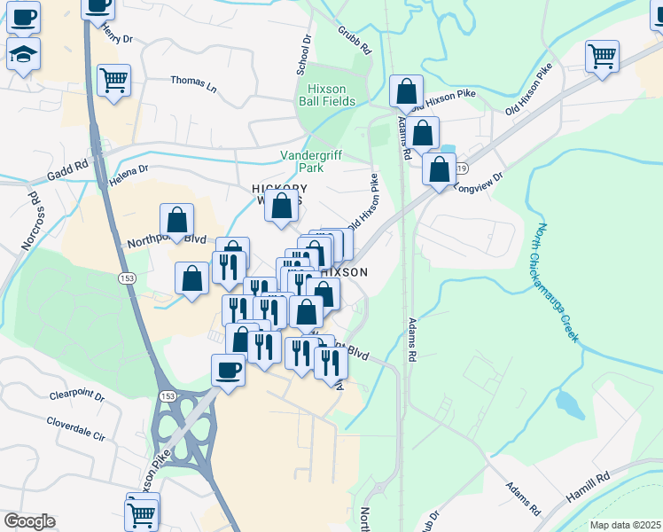map of restaurants, bars, coffee shops, grocery stores, and more near 5004 Austin Road in Chattanooga