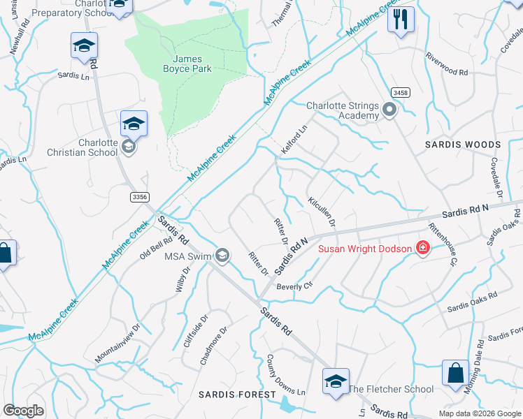 map of restaurants, bars, coffee shops, grocery stores, and more near 7429 Ritter Drive in Charlotte