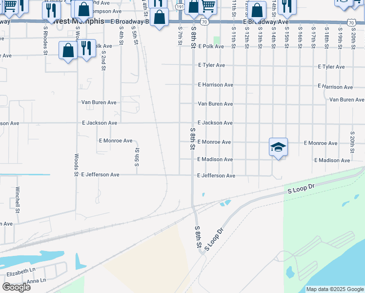 map of restaurants, bars, coffee shops, grocery stores, and more near 708 South 7th Street in West Memphis