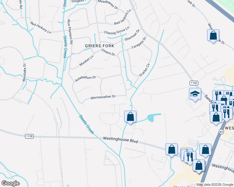 map of restaurants, bars, coffee shops, grocery stores, and more near 2734 Julep Lane in Charlotte