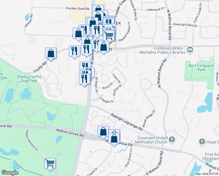 map of restaurants, bars, coffee shops, grocery stores, and more near 8095 Kerry Dr in Memphis