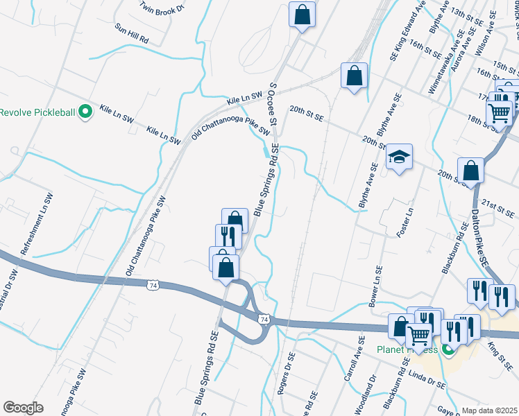 map of restaurants, bars, coffee shops, grocery stores, and more near 1197 Blue Springs Rd in Cleveland