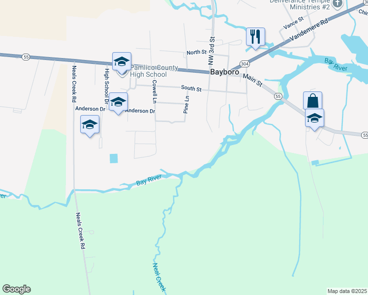 map of restaurants, bars, coffee shops, grocery stores, and more near 305 Pine Lane in Bayboro