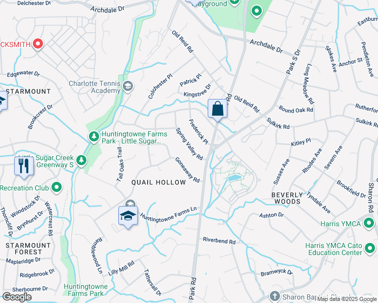 map of restaurants, bars, coffee shops, grocery stores, and more near 3208 Spring Valley Road in Charlotte