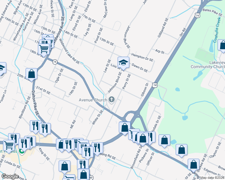 map of restaurants, bars, coffee shops, grocery stores, and more near 1615 Johnson Boulevard Southeast in Cleveland