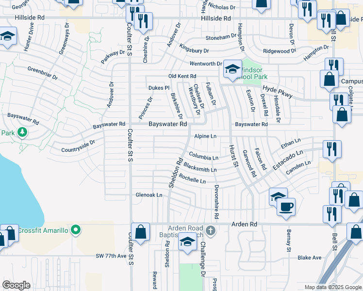 map of restaurants, bars, coffee shops, grocery stores, and more near 6902 Columbia Lane in Amarillo