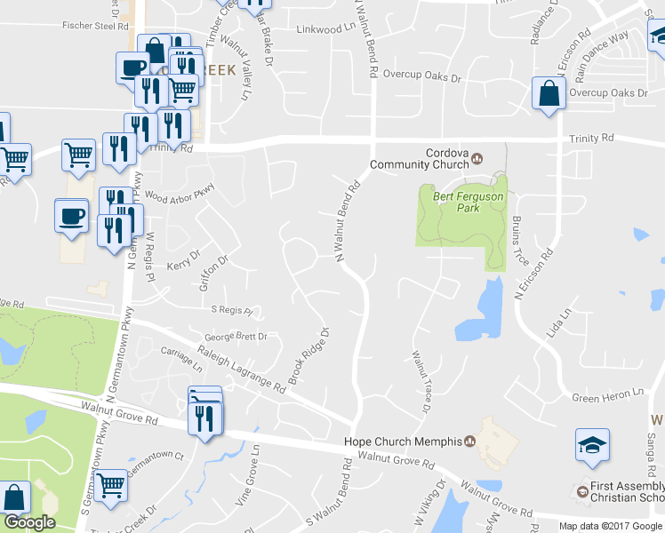 map of restaurants, bars, coffee shops, grocery stores, and more near 457 North Walnut Bend Road in Memphis