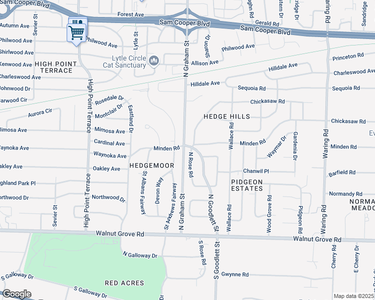 map of restaurants, bars, coffee shops, grocery stores, and more near 219 North Rose Road in Memphis