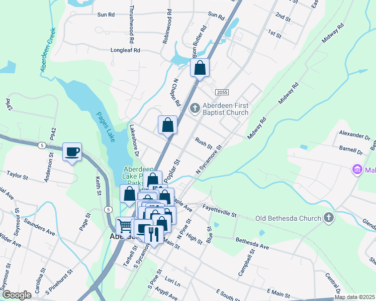 map of restaurants, bars, coffee shops, grocery stores, and more near 502 North Poplar Street in Aberdeen