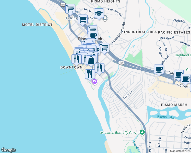 map of restaurants, bars, coffee shops, grocery stores, and more near 166 Ocean View Avenue in Pismo Beach