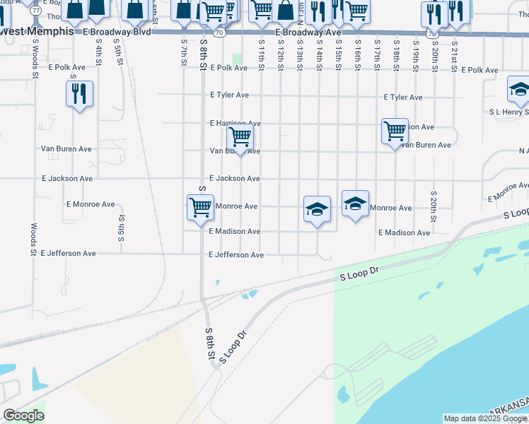 map of restaurants, bars, coffee shops, grocery stores, and more near 704 South 11th Street in West Memphis
