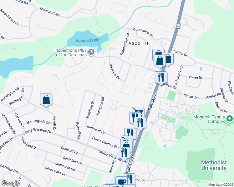 map of restaurants, bars, coffee shops, grocery stores, and more near 5529 Hartfield Court in Fayetteville