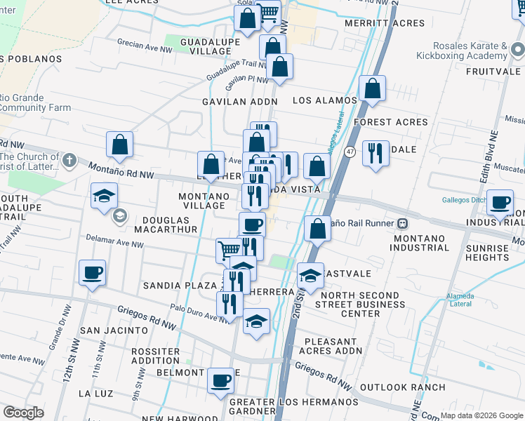 map of restaurants, bars, coffee shops, grocery stores, and more near 5404 4th Street Northwest in Albuquerque