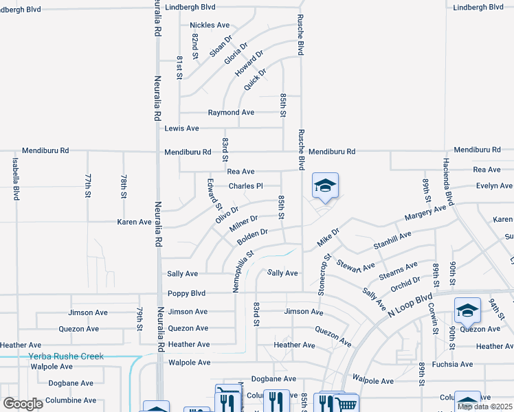 map of restaurants, bars, coffee shops, grocery stores, and more near 8330 Olivo Court in California City