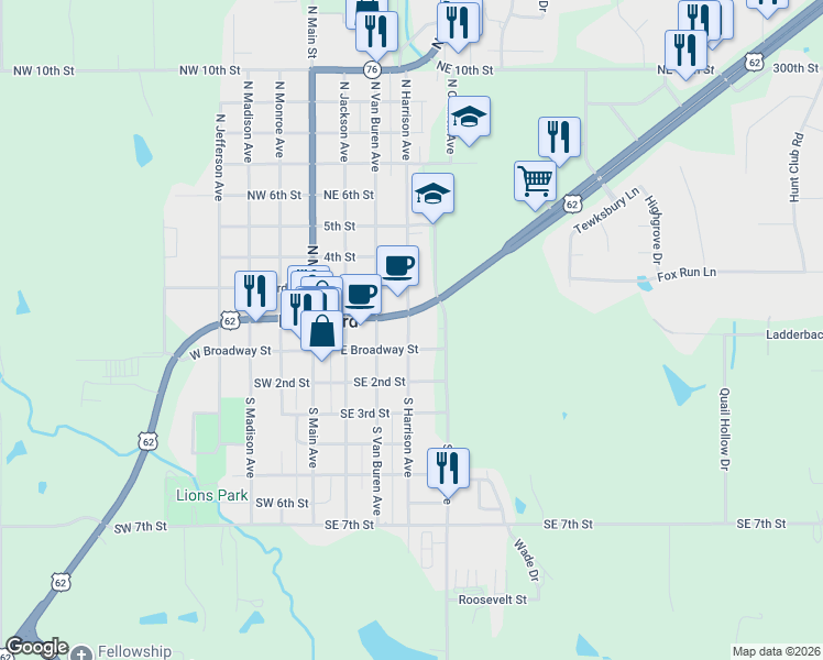 map of restaurants, bars, coffee shops, grocery stores, and more near 118 North Harrison Avenue in Blanchard