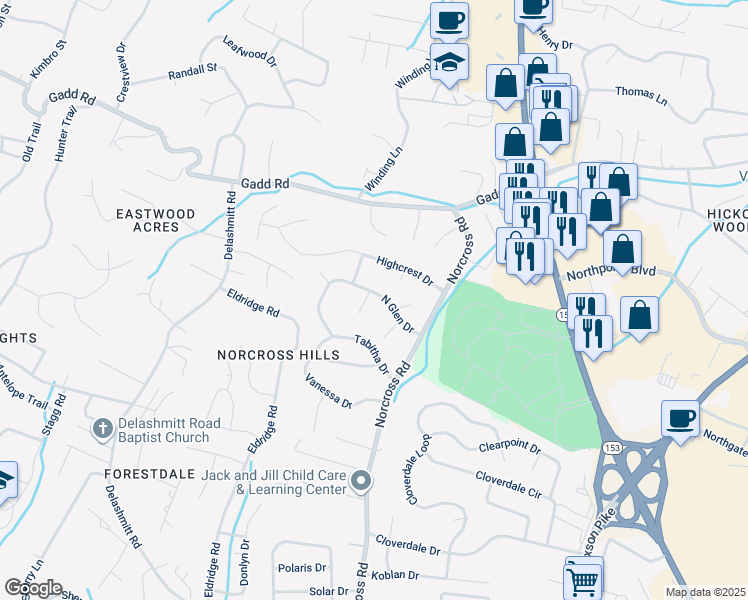 map of restaurants, bars, coffee shops, grocery stores, and more near 4632 Hillmont Lane in Chattanooga