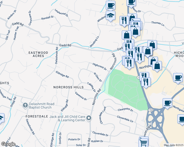 map of restaurants, bars, coffee shops, grocery stores, and more near 4632 Hillmont Lane in Chattanooga