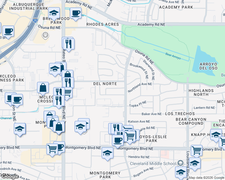 map of restaurants, bars, coffee shops, grocery stores, and more near 6100 Kingston Avenue Northeast in Albuquerque