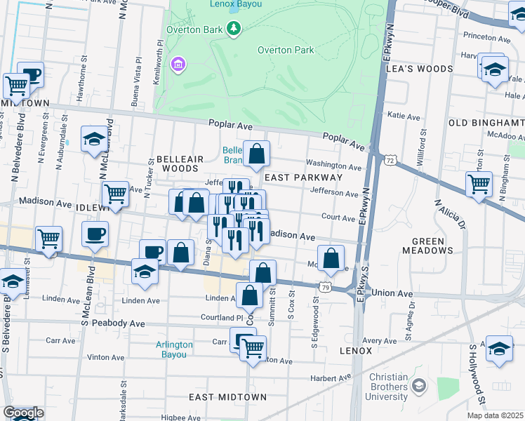 map of restaurants, bars, coffee shops, grocery stores, and more near 28 North Cooper Street in Memphis