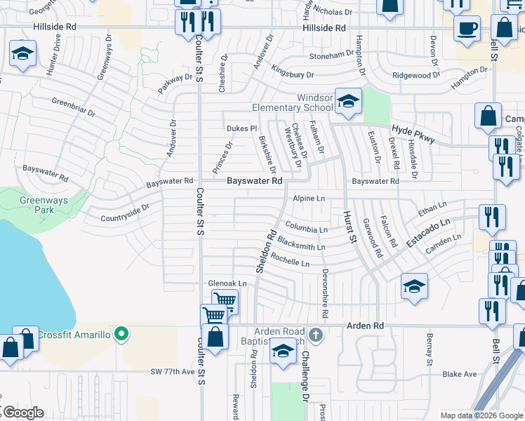 map of restaurants, bars, coffee shops, grocery stores, and more near 6906 Columbia Lane in Amarillo