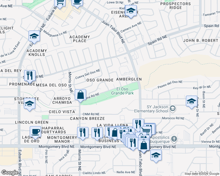 map of restaurants, bars, coffee shops, grocery stores, and more near 4901 Noreen Court Northeast in Albuquerque