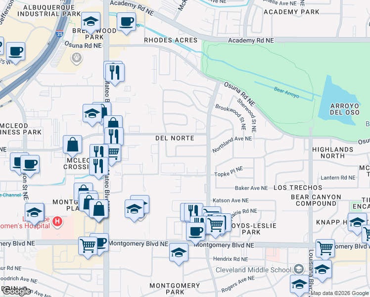 map of restaurants, bars, coffee shops, grocery stores, and more near 6100 Kingston Avenue Northeast in Albuquerque