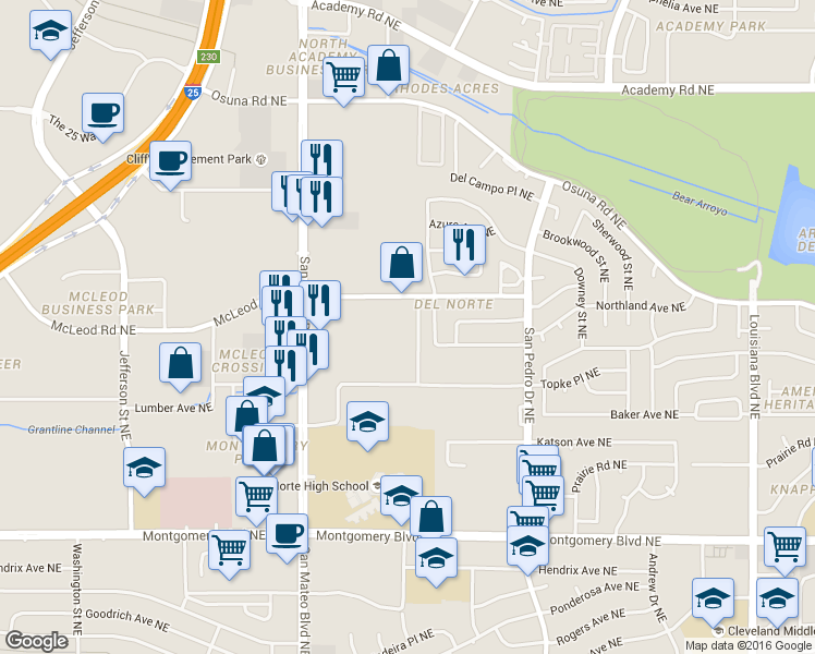 map of restaurants, bars, coffee shops, grocery stores, and more near 5021 San Mateo Boulevard Northeast in Albuquerque