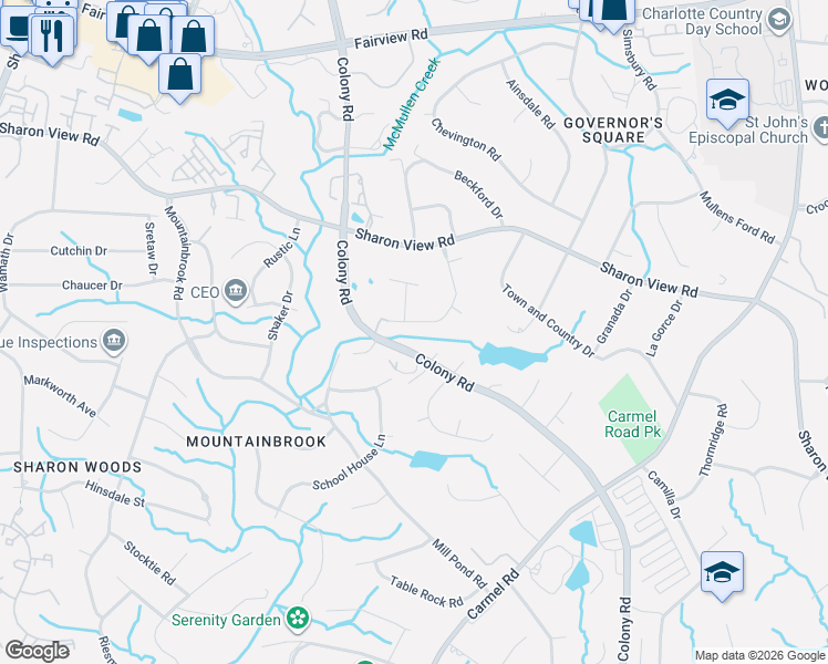 map of restaurants, bars, coffee shops, grocery stores, and more near 5301 Winding Brook Road in Charlotte