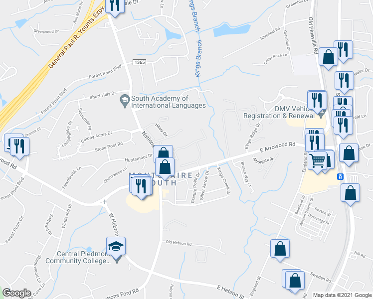 map of restaurants, bars, coffee shops, grocery stores, and more near 8910 Mont Carmel Lane in Charlotte