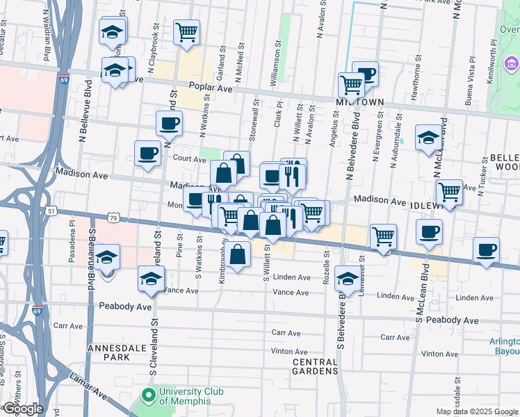 map of restaurants, bars, coffee shops, grocery stores, and more near 1530 Monroe Avenue in Memphis