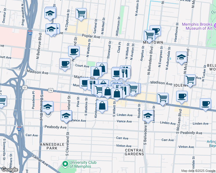 map of restaurants, bars, coffee shops, grocery stores, and more near 1530 Monroe Avenue in Memphis