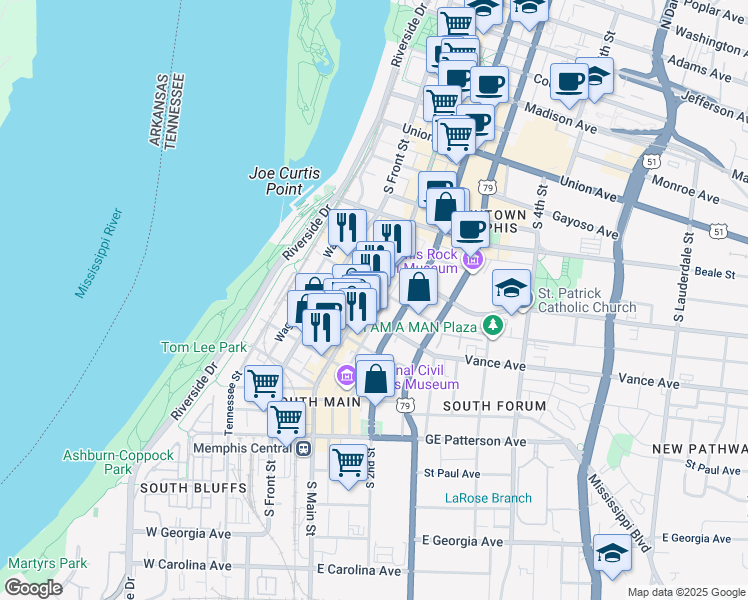 map of restaurants, bars, coffee shops, grocery stores, and more near in Memphis