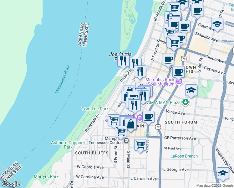 map of restaurants, bars, coffee shops, grocery stores, and more near 20 Huling Avenue in Memphis