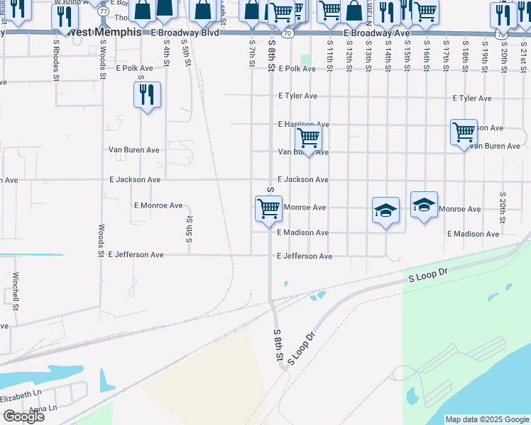 map of restaurants, bars, coffee shops, grocery stores, and more near 708 South 7th Street in West Memphis