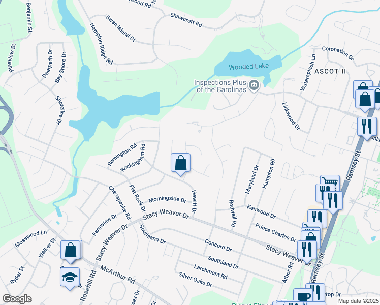 map of restaurants, bars, coffee shops, grocery stores, and more near 5322 Westminster Drive in Fayetteville