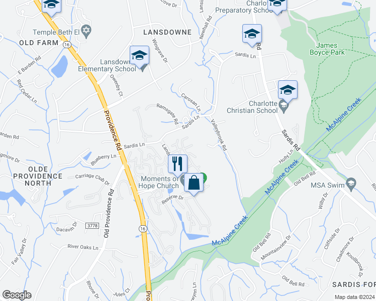 map of restaurants, bars, coffee shops, grocery stores, and more near 7042 Providence Square Drive in Charlotte