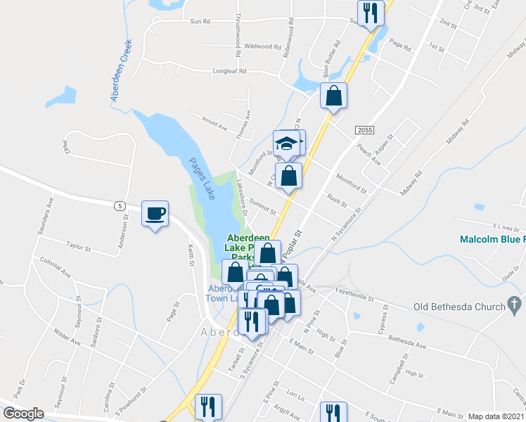 map of restaurants, bars, coffee shops, grocery stores, and more near 305 Summit Street in Aberdeen