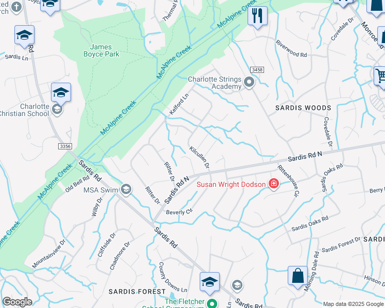 map of restaurants, bars, coffee shops, grocery stores, and more near 7123 Kilcullen Dr in Charlotte