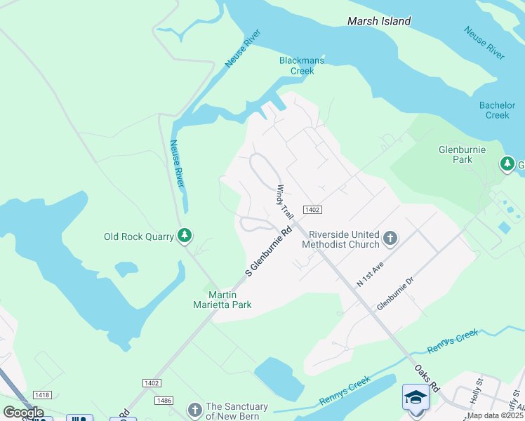 map of restaurants, bars, coffee shops, grocery stores, and more near 107 Wind Hill Court in New Bern