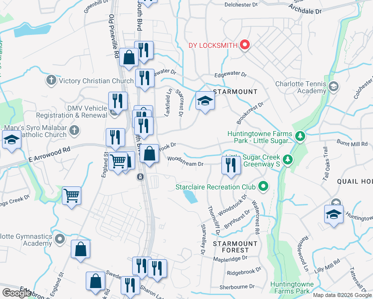 map of restaurants, bars, coffee shops, grocery stores, and more near 1514 Starbrook Drive in Charlotte