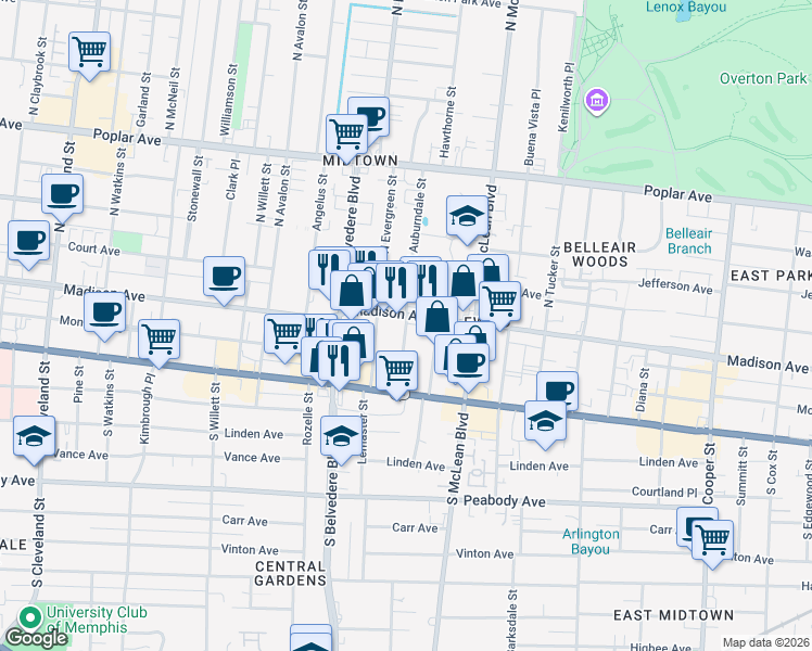 map of restaurants, bars, coffee shops, grocery stores, and more near 7 South Auburndale Street in Memphis