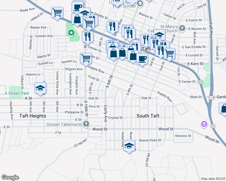 map of restaurants, bars, coffee shops, grocery stores, and more near 307 Amber Street in Taft