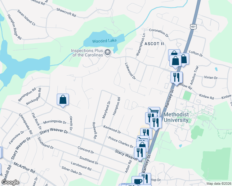 map of restaurants, bars, coffee shops, grocery stores, and more near 5413 Maryland Drive in Fayetteville