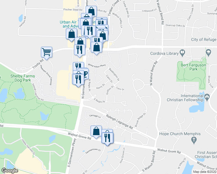 map of restaurants, bars, coffee shops, grocery stores, and more near 451 Griffon Drive in Memphis